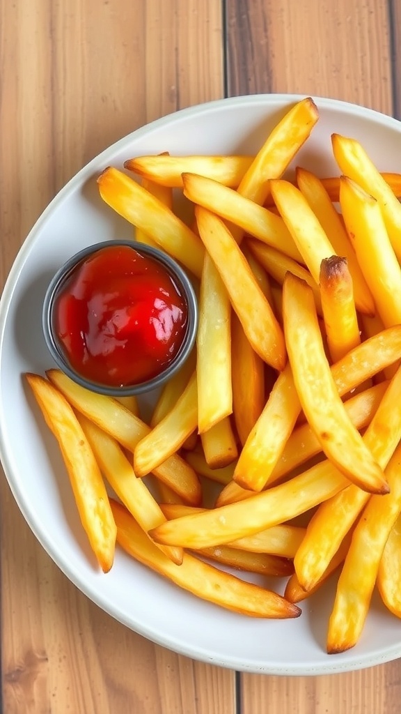 Crispy Air Fryer French Fries Recipe Crispy air fryer French fries on a plate with ketchup, set on a rustic wooden table.